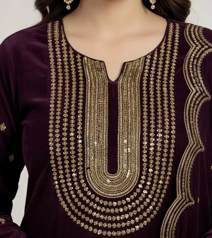 3PC PLUM PURE VELVET FANCY HEAVY EMBROIDERED