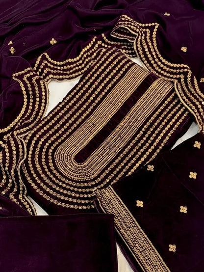 3PC PLUM PURE VELVET FANCY HEAVY EMBROIDERED