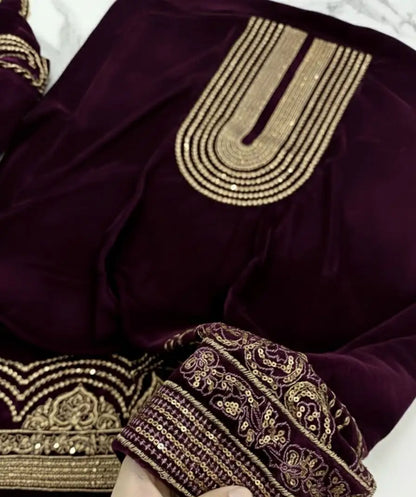 3PC PLUM PURE VELVET FANCY HEAVY EMBROIDERED