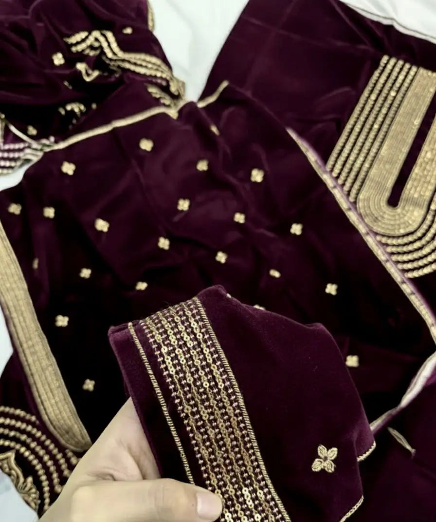 3PC PLUM PURE VELVET FANCY HEAVY EMBROIDERED