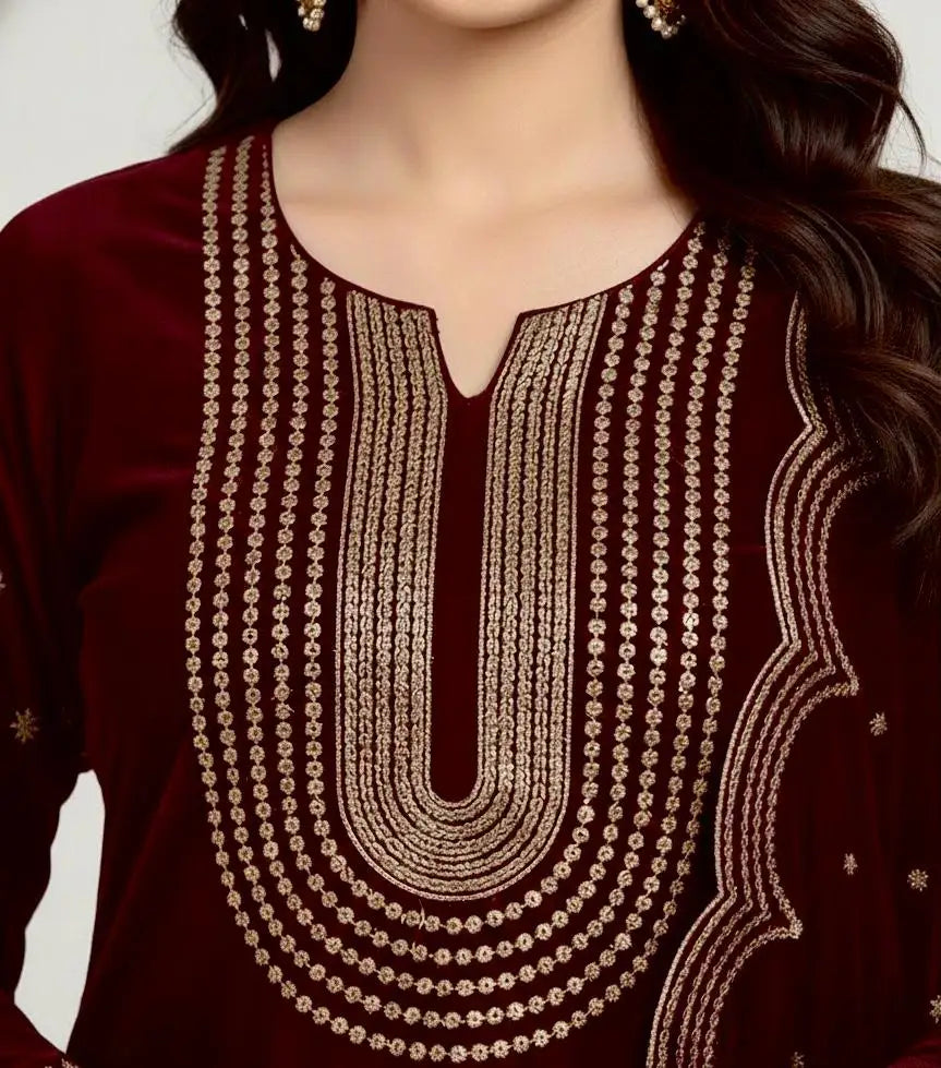 3PC DARK RED PURE VELVET FANCY HEAVY EMBROIDERED