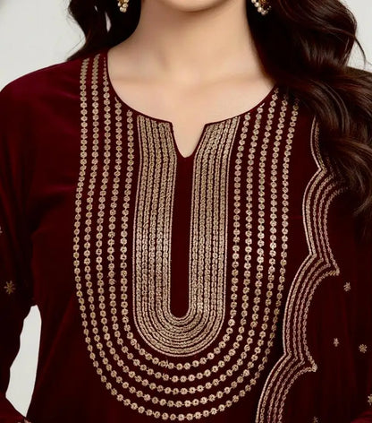 3PC DARK RED PURE VELVET FANCY HEAVY EMBROIDERED