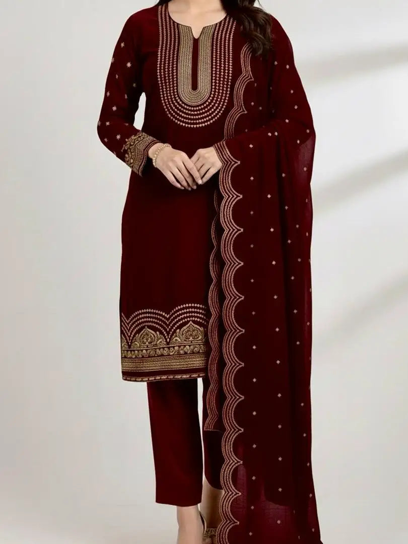 3PC DARK RED PURE VELVET FANCY HEAVY EMBROIDERED