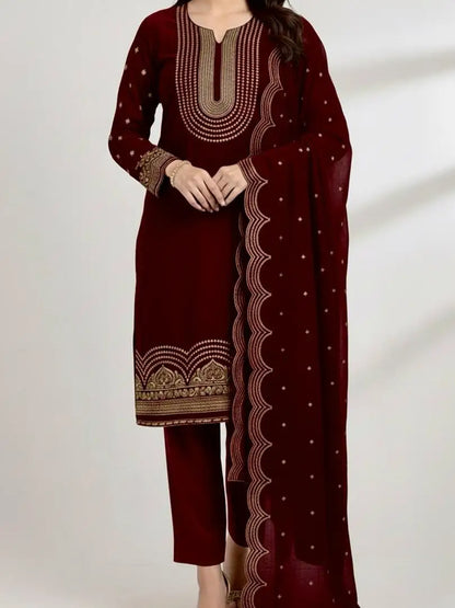 3PC DARK RED PURE VELVET FANCY HEAVY EMBROIDERED