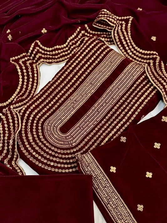 3PC DARK RED PURE VELVET FANCY HEAVY EMBROIDERED