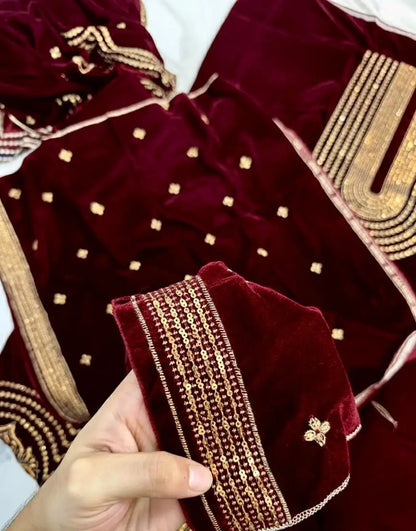 3PC DARK RED PURE VELVET FANCY HEAVY EMBROIDERED