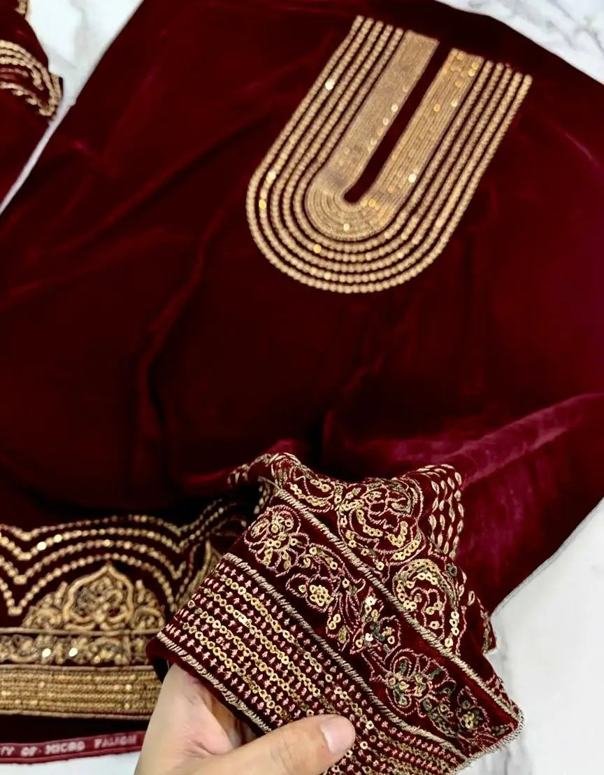 3PC DARK RED PURE VELVET FANCY HEAVY EMBROIDERED