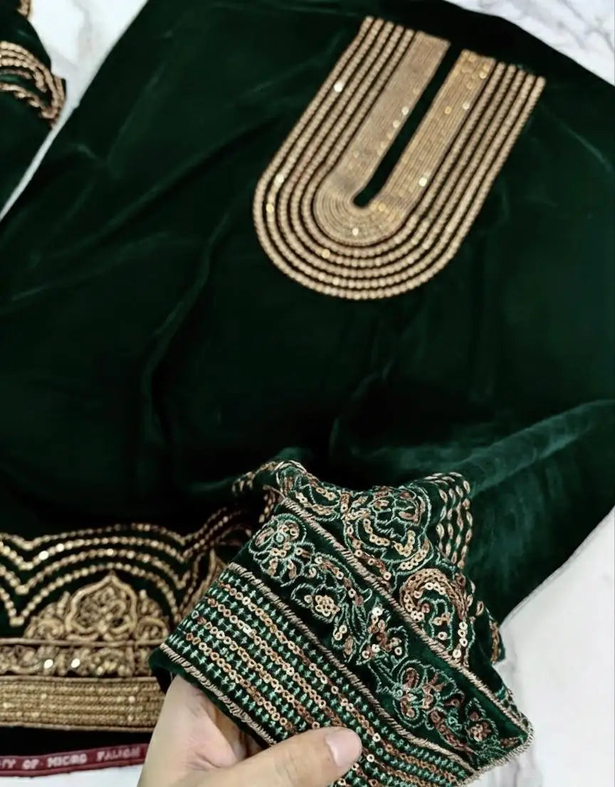 3PC BOTTLE GREEN PURE VELVET FANCY HEAVY EMBROIDERED