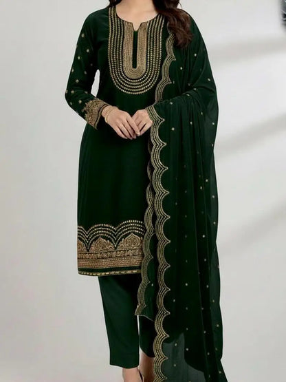 3PC BOTTLE GREEN PURE VELVET FANCY HEAVY EMBROIDERED