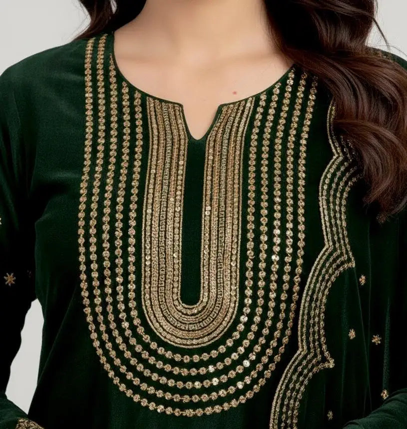 3PC BOTTLE GREEN PURE VELVET FANCY HEAVY EMBROIDERED