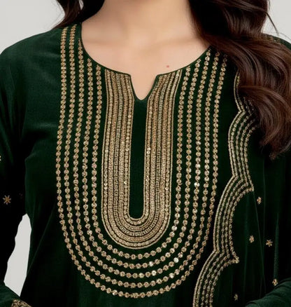 3PC BOTTLE GREEN PURE VELVET FANCY HEAVY EMBROIDERED