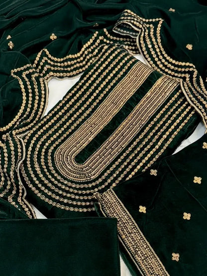 3PC BOTTLE GREEN PURE VELVET FANCY HEAVY EMBROIDERED