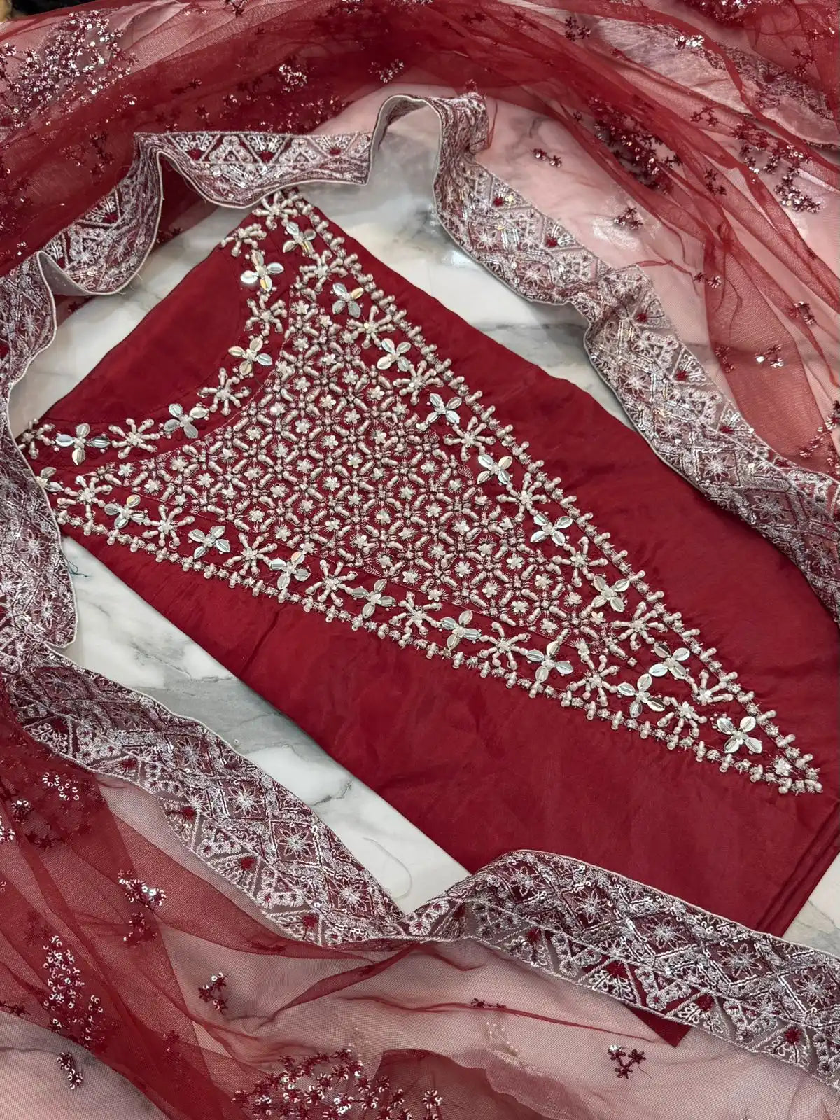 4PC RED RAW SILK FANCY SUIT FULLY EMBROIDERED WORK