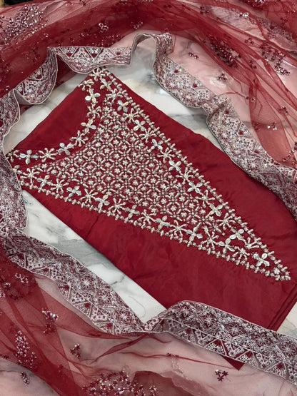 4PC RED RAW SILK FANCY SUIT FULLY EMBROIDERED WORK