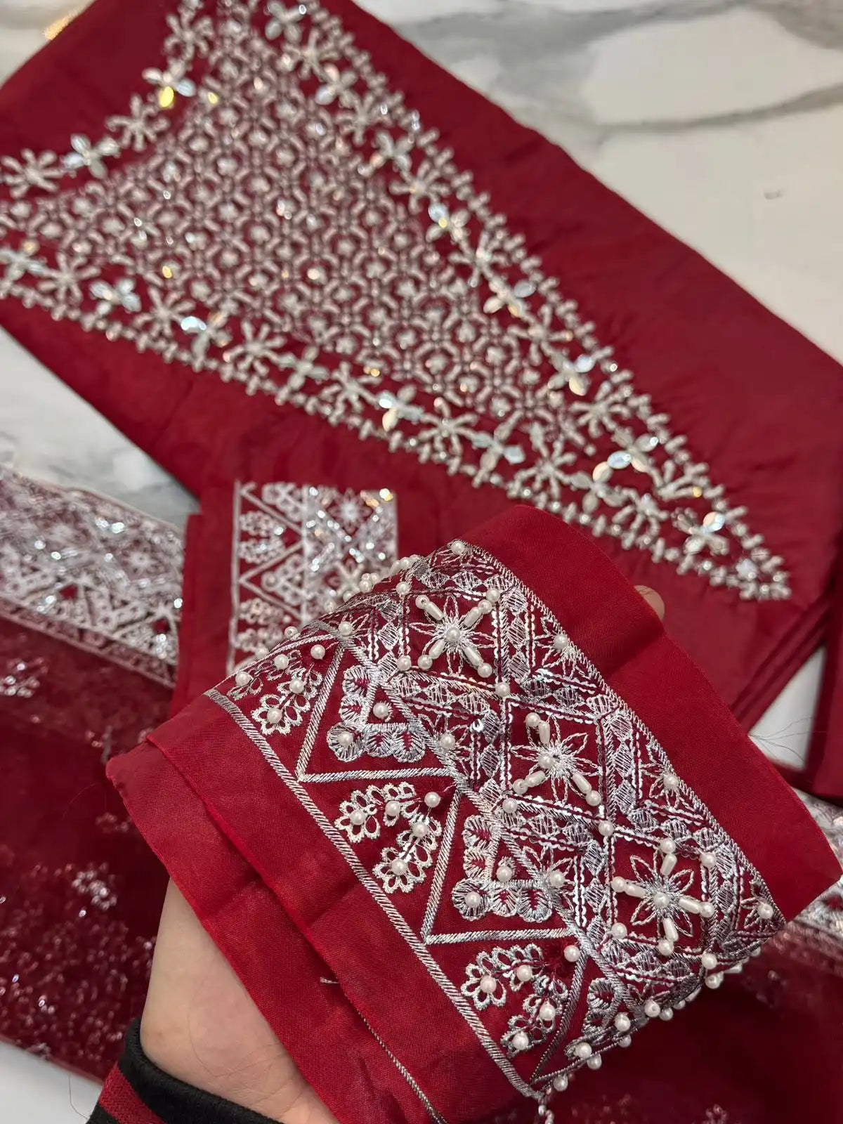 4PC RED RAW SILK FANCY SUIT FULLY EMBROIDERED WORK