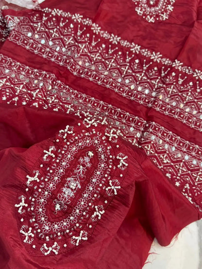 4PC RED RAW SILK FANCY SUIT FULLY EMBROIDERED WORK
