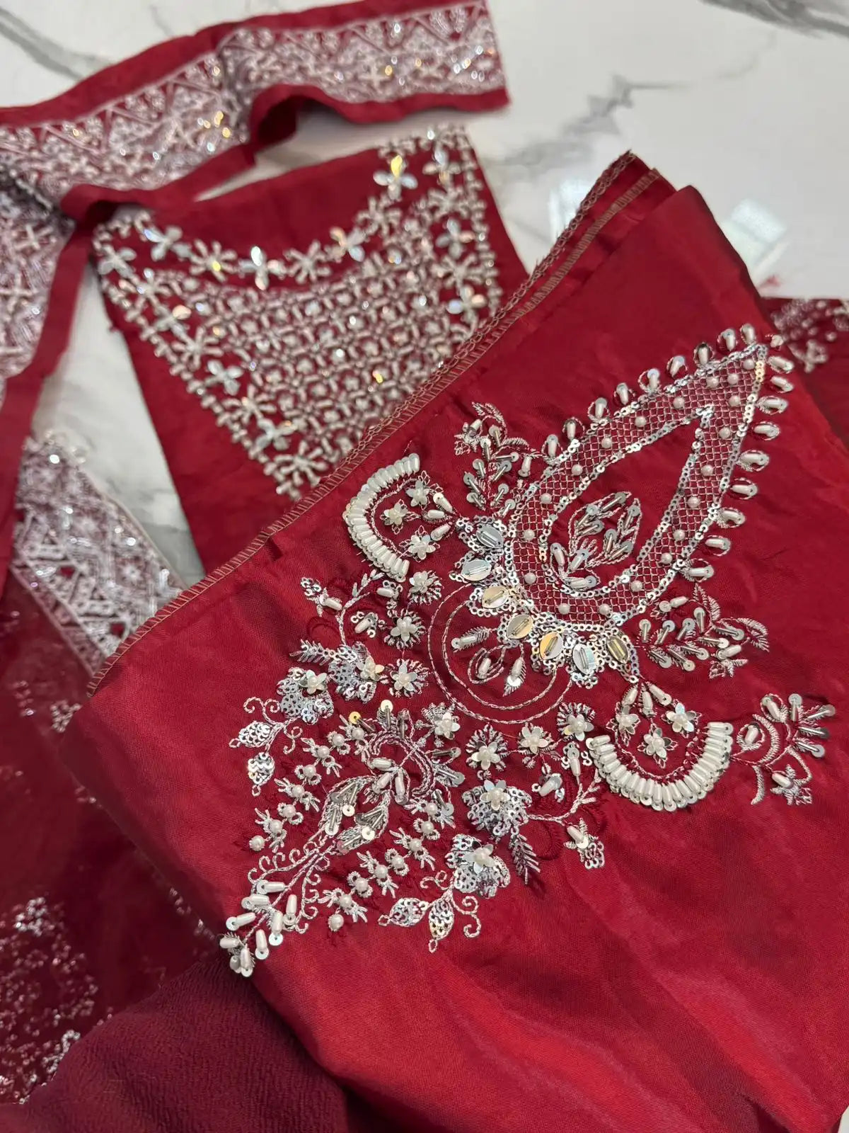 4PC RED RAW SILK FANCY SUIT FULLY EMBROIDERED WORK