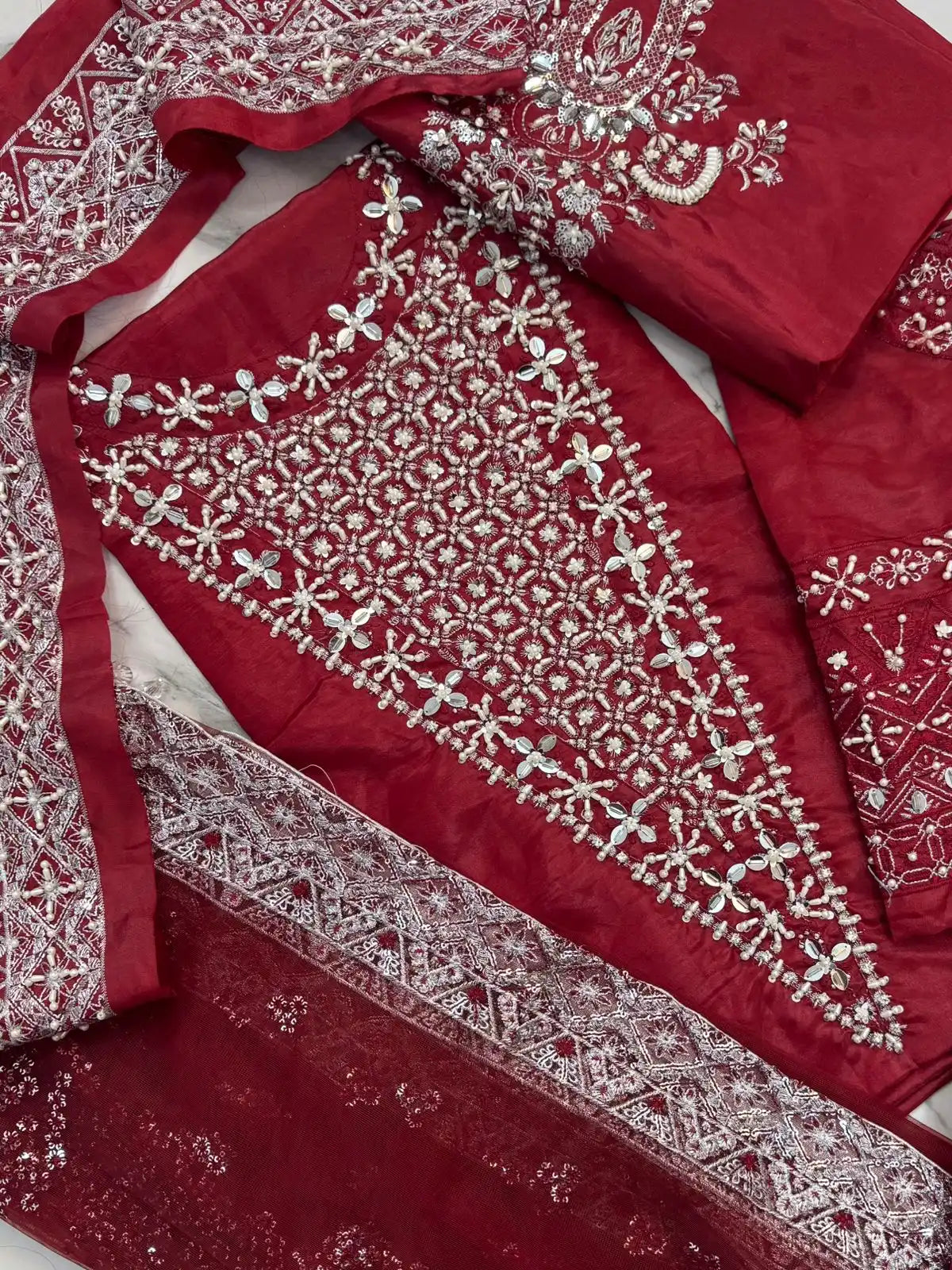4PC RED RAW SILK FANCY SUIT FULLY EMBROIDERED WORK