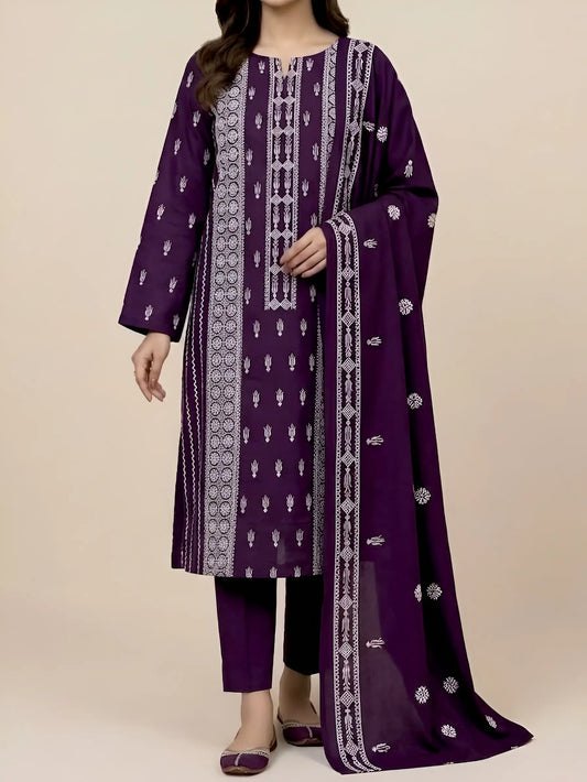 3PC PURE DHANAK ELEGANCE EMBROIDERED