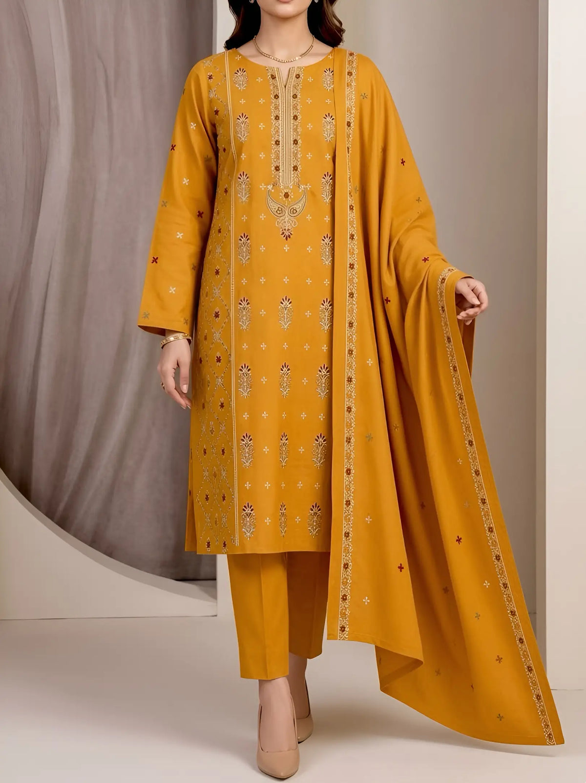 3PC PURE DHANAK ELEGANCE EMBROIDERED