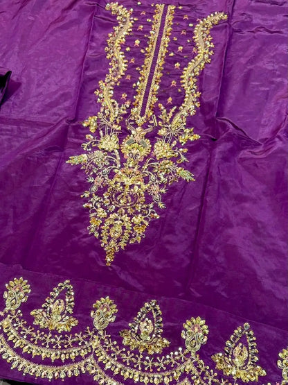 4PC RAW SILK FANCY SUIT FULLY EMBROIDERED WORK