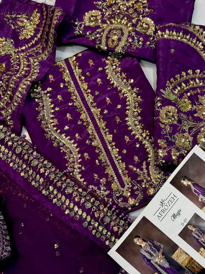 4PC RAW SILK FANCY SUIT FULLY EMBROIDERED WORK