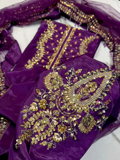 4PC RAW SILK FANCY SUIT FULLY EMBROIDERED WORK