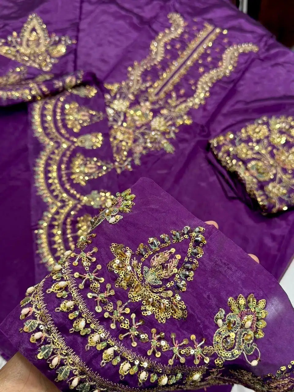 4PC RAW SILK FANCY SUIT FULLY EMBROIDERED WORK