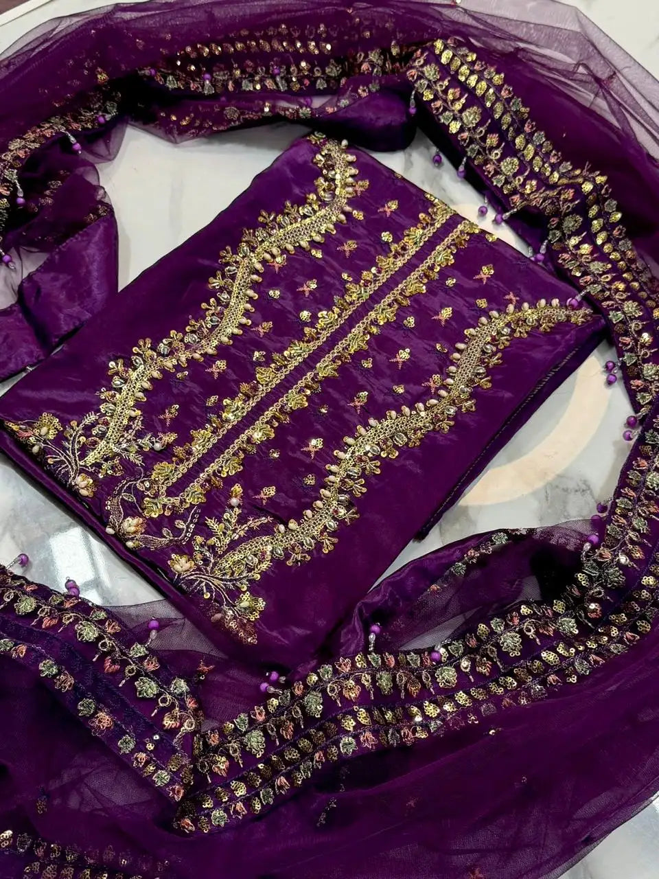 4PC RAW SILK FANCY SUIT FULLY EMBROIDERED WORK