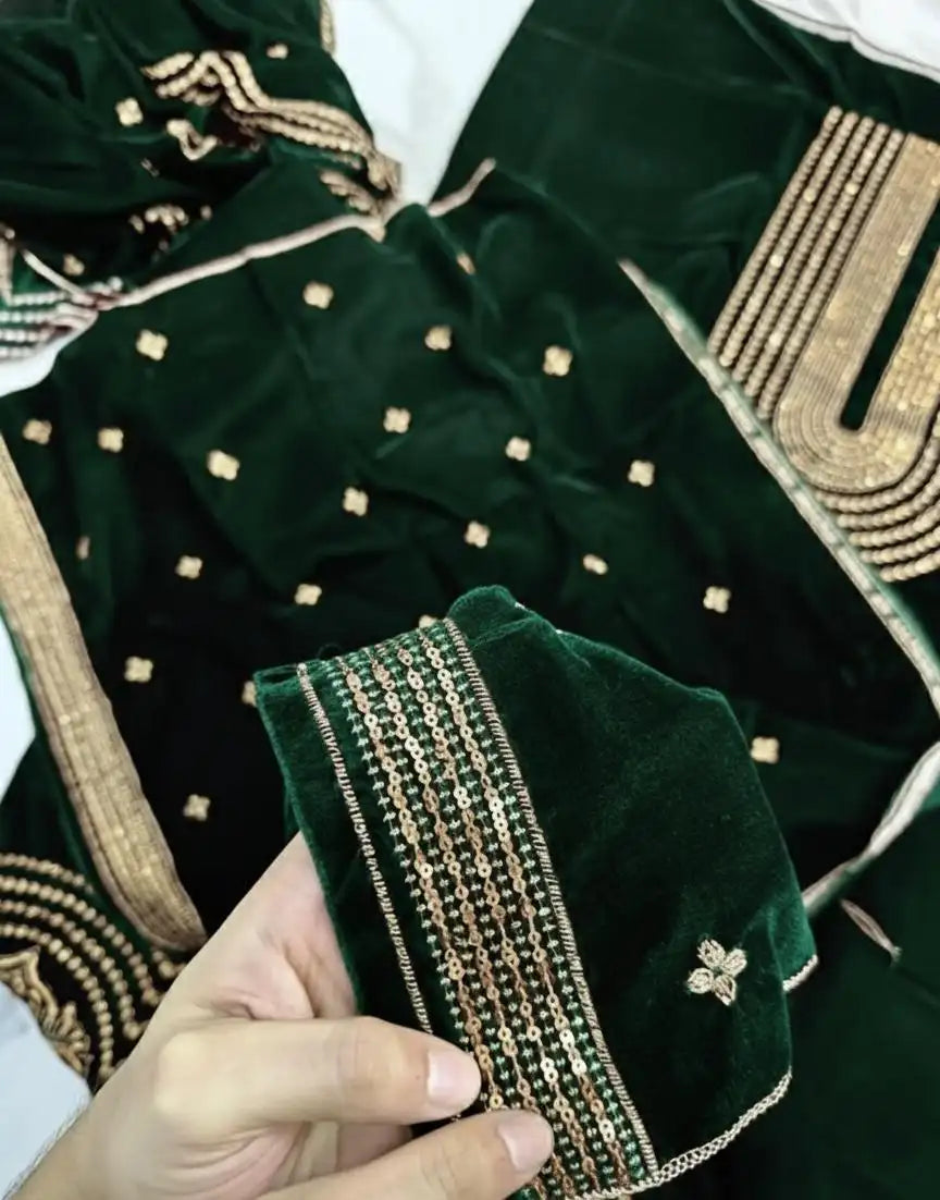 3PC BOTTLE GREEN PURE VELVET FANCY HEAVY EMBROIDERED