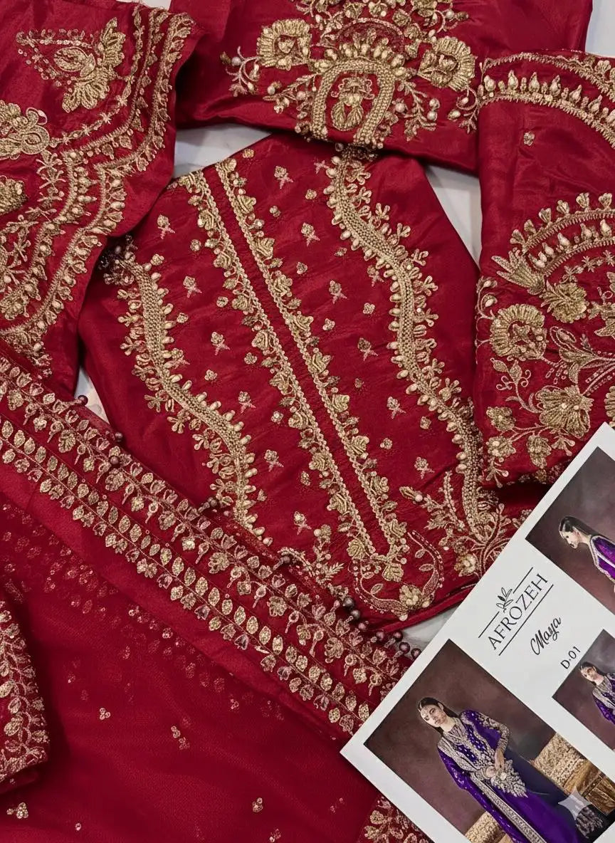 4PC RAW SILK FANCY SUIT FULLY EMBROIDERED WORK