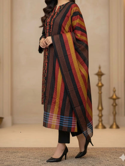 3PC BLACK DHANAK EMBROIDERED