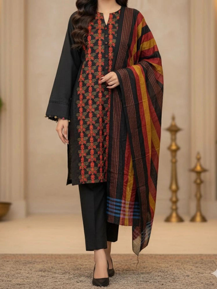 3PC BLACK DHANAK EMBROIDERED