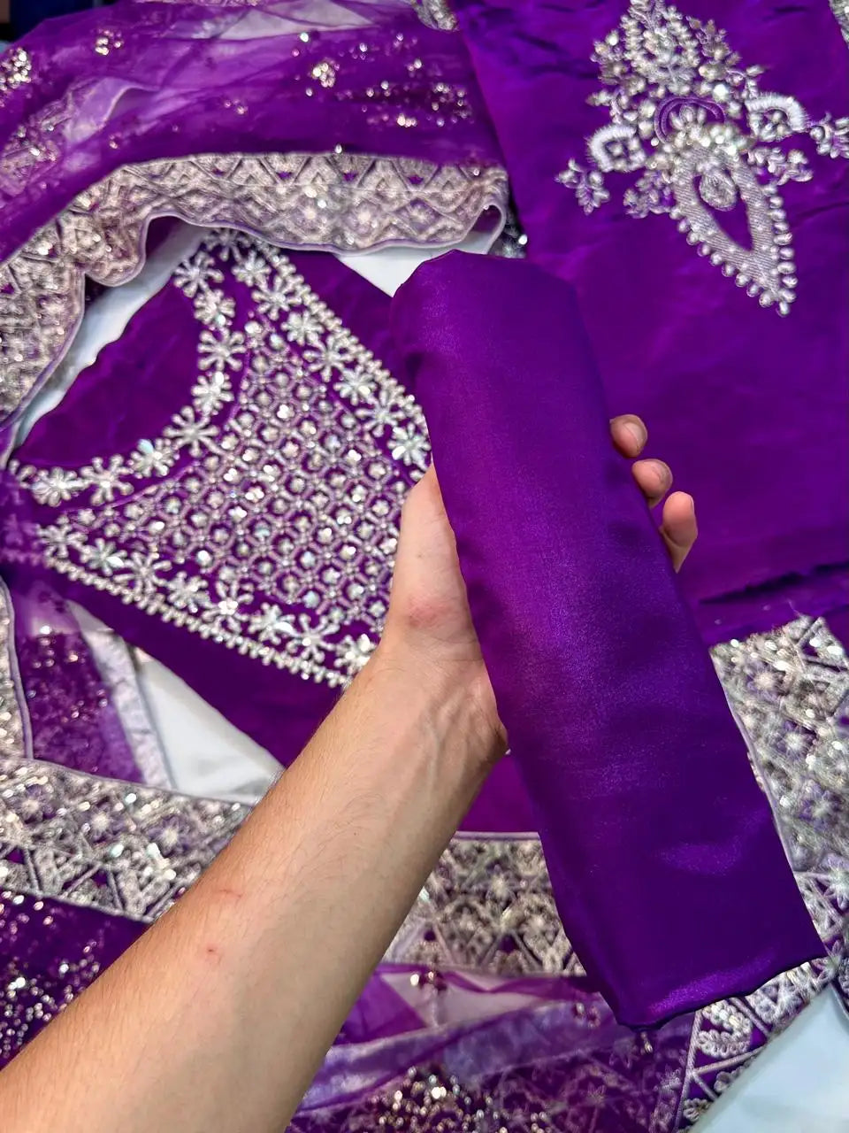 4PC PURPLE RAW SILK FANCY SUIT FULLY EMBROIDERED WORK