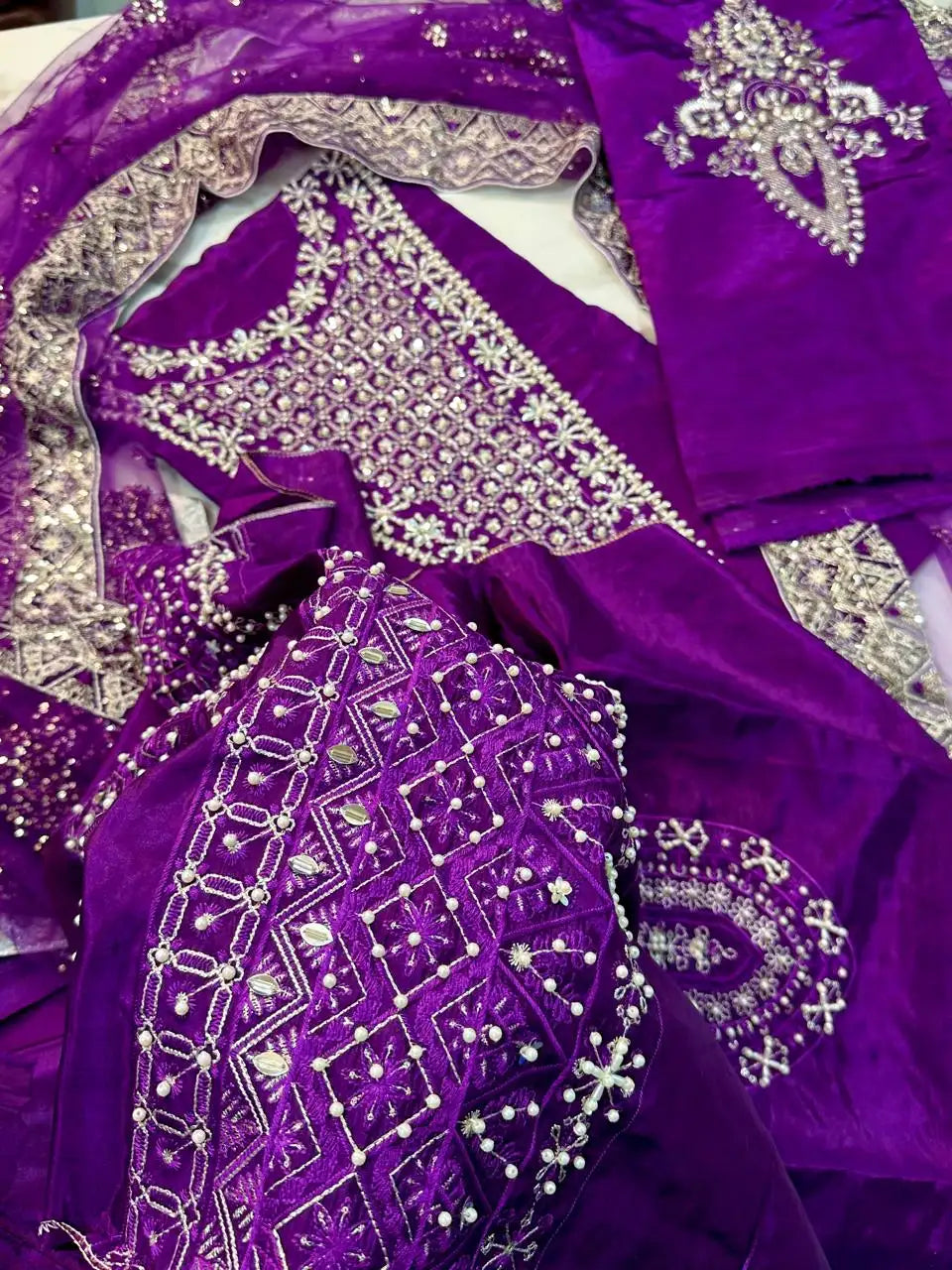 4PC PURPLE RAW SILK FANCY SUIT FULLY EMBROIDERED WORK