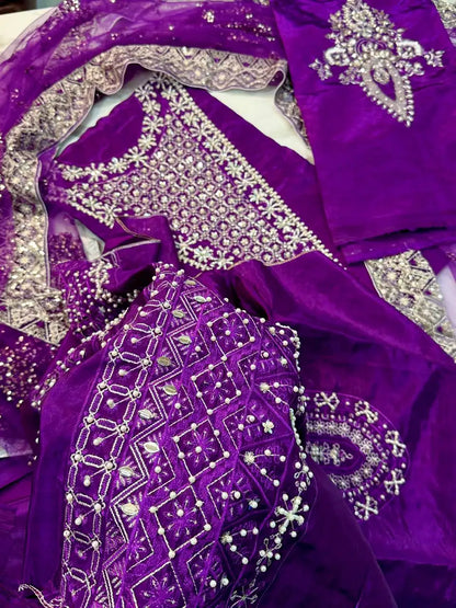 4PC PURPLE RAW SILK FANCY SUIT FULLY EMBROIDERED WORK