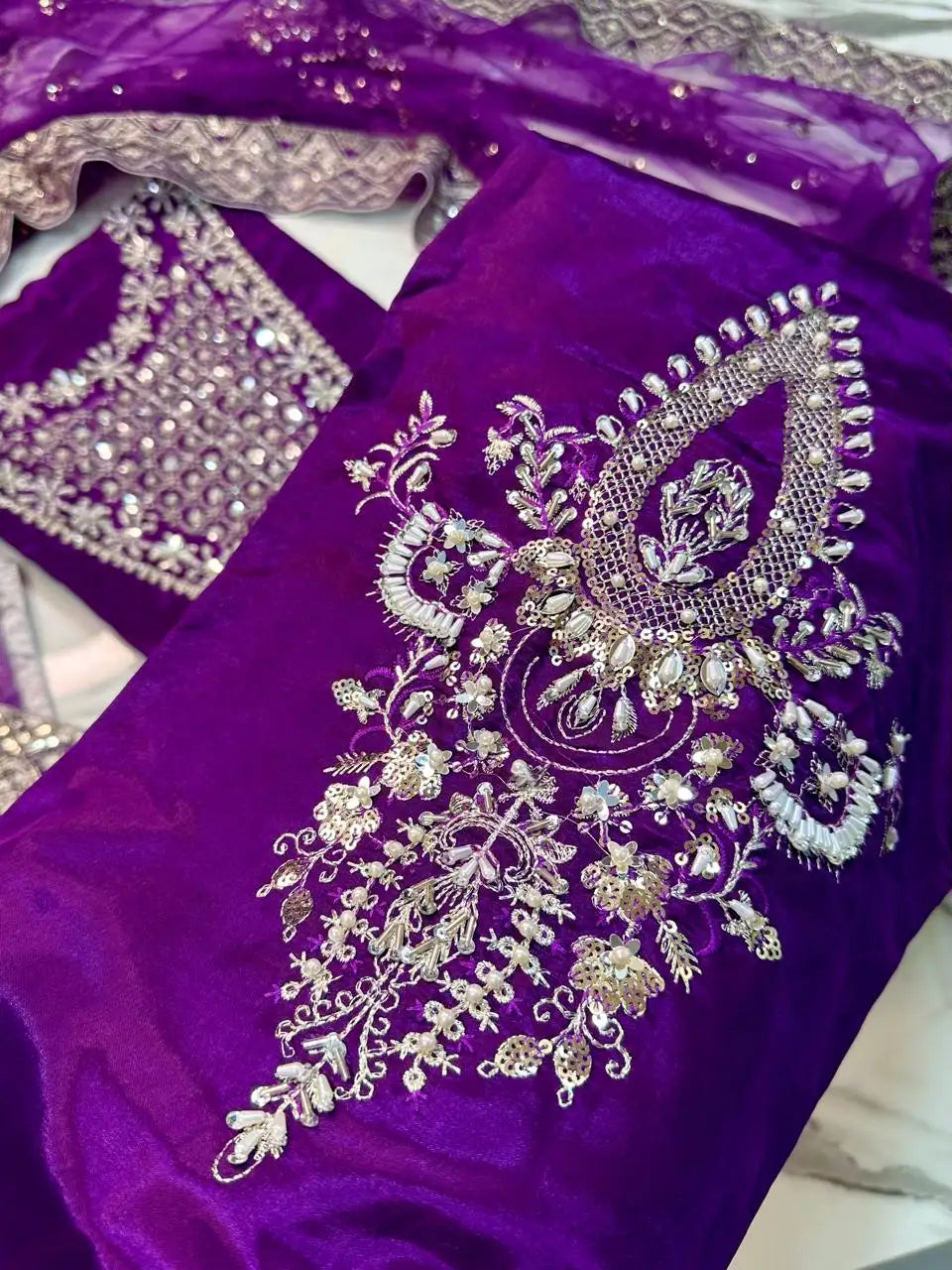 4PC PURPLE RAW SILK FANCY SUIT FULLY EMBROIDERED WORK