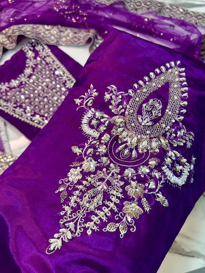 4PC PURPLE RAW SILK FANCY SUIT FULLY EMBROIDERED WORK