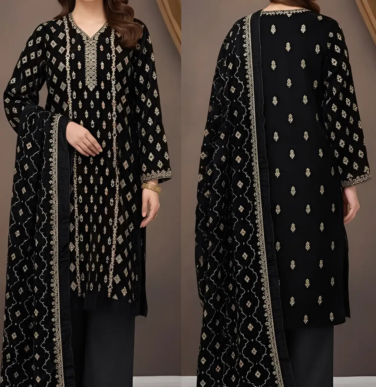 3PC BLACK PURE VELVET FANCY HEAVY EMBROIDERED