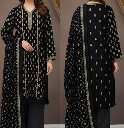 3PC BLACK PURE VELVET FANCY HEAVY EMBROIDERED