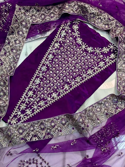 4PC PURPLE RAW SILK FANCY SUIT FULLY EMBROIDERED WORK