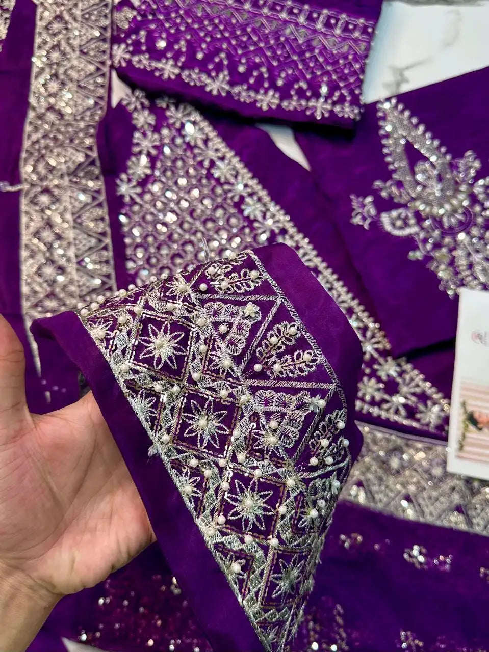 4PC PURPLE RAW SILK FANCY SUIT FULLY EMBROIDERED WORK