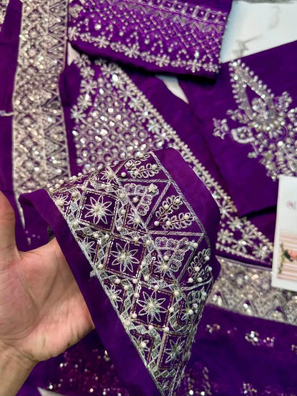 4PC PURPLE RAW SILK FANCY SUIT FULLY EMBROIDERED WORK