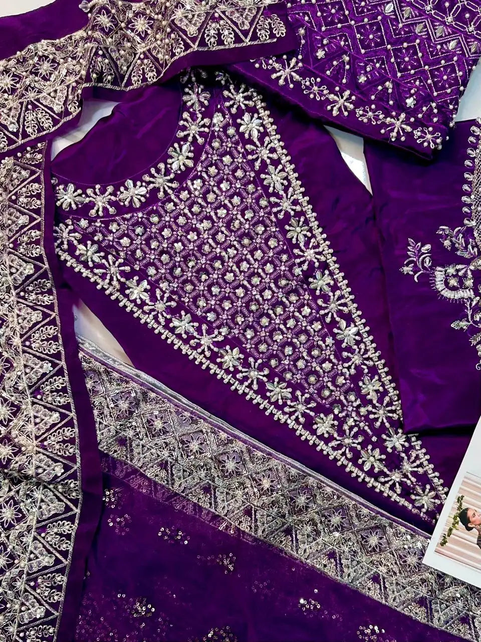 4PC PURPLE RAW SILK FANCY SUIT FULLY EMBROIDERED WORK