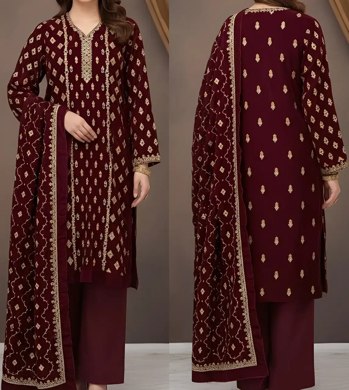 3PC MEHROON PURE VELVET FANCY HEAVY EMBROIDERED