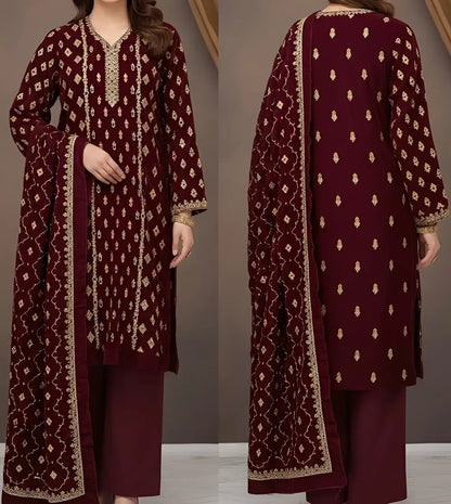 3PC MEHROON PURE VELVET FANCY HEAVY EMBROIDERED