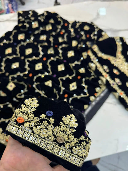 3PC BLACK PURE VELVET FANCY HEAVY EMBROIDERED
