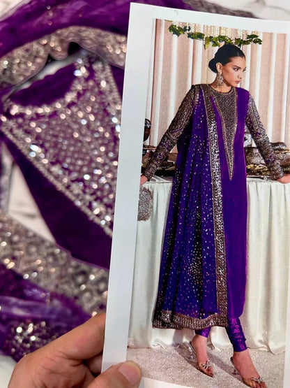 4PC PURPLE RAW SILK FANCY SUIT FULLY EMBROIDERED WORK