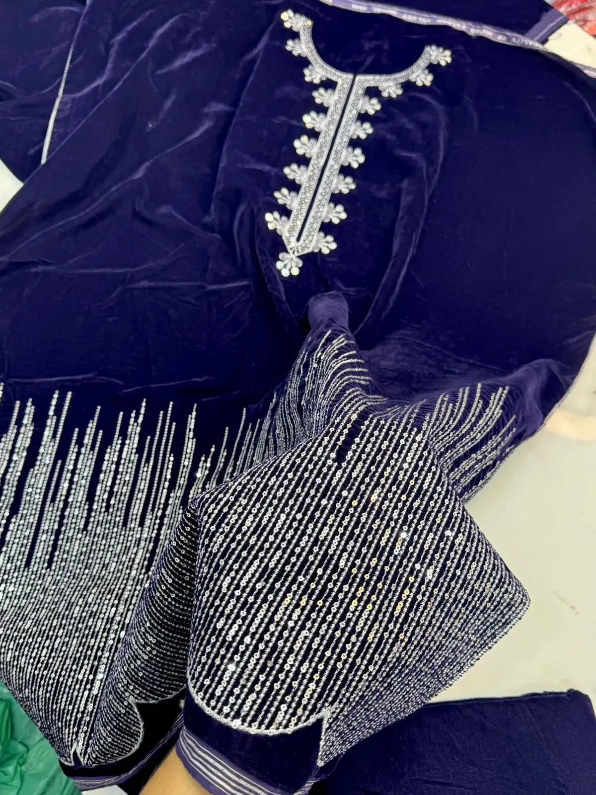 3PC BLUE PURE VELVET FANCY HEAVY EMBROIDERED