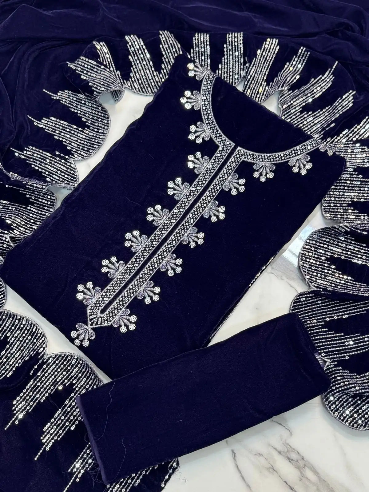 3PC BLUE PURE VELVET FANCY HEAVY EMBROIDERED